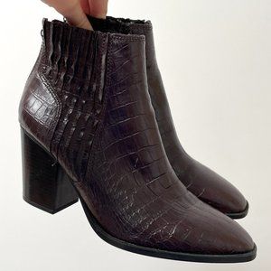 Zara - Crocodile Embossed Block Heeled Ankle Boots - Burgundy / Maroon